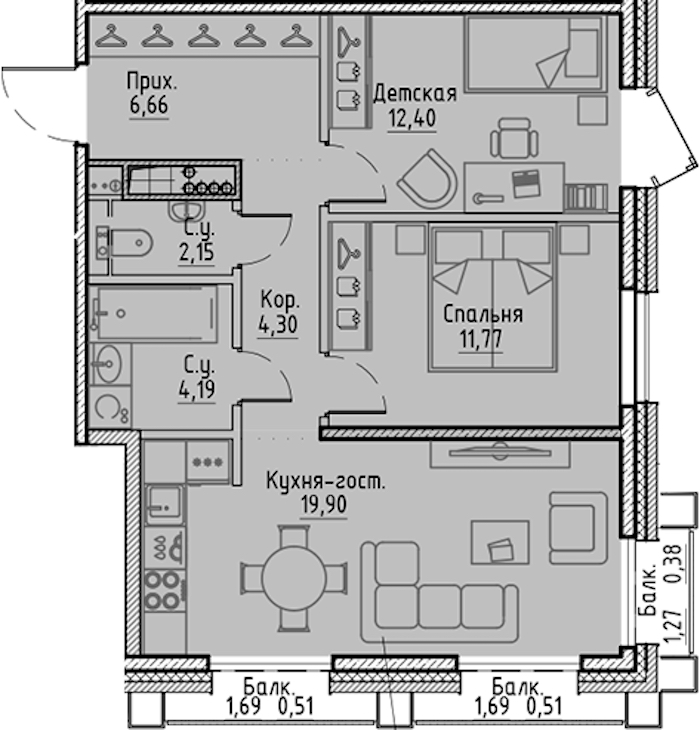 2-комнатная квартира 62.77 м², 7/10 эт., ЖК «LEGENDA Сампсониевский 32»